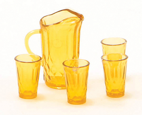 Dollhouse Miniature Pitcher W/4 Glasses, Dark Amber